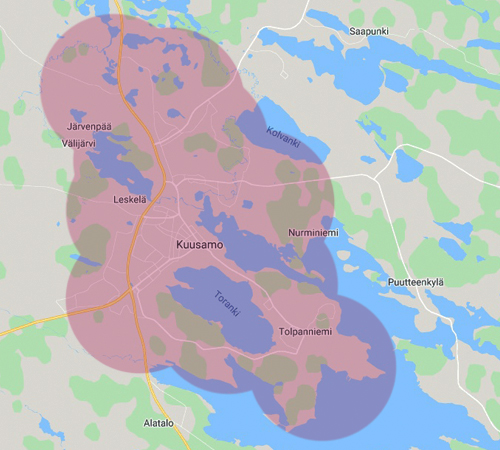 Koillisnetin valokuituverkon alue Kuusamossa